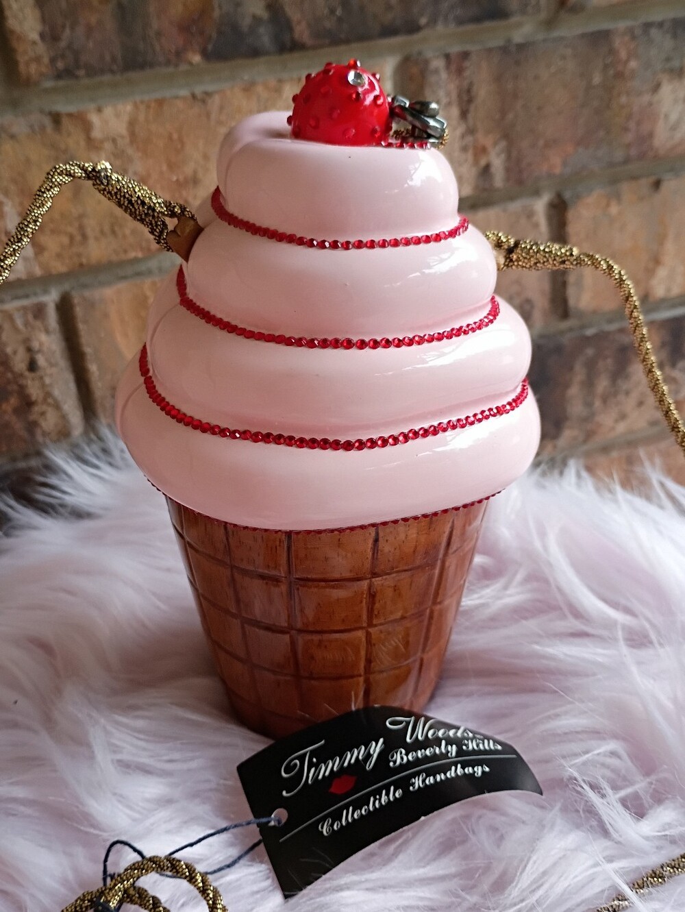 NEW Timmy Woods Wooden Signed Swarovski Crystal Pink Cherry Ice Cream Cone Bag